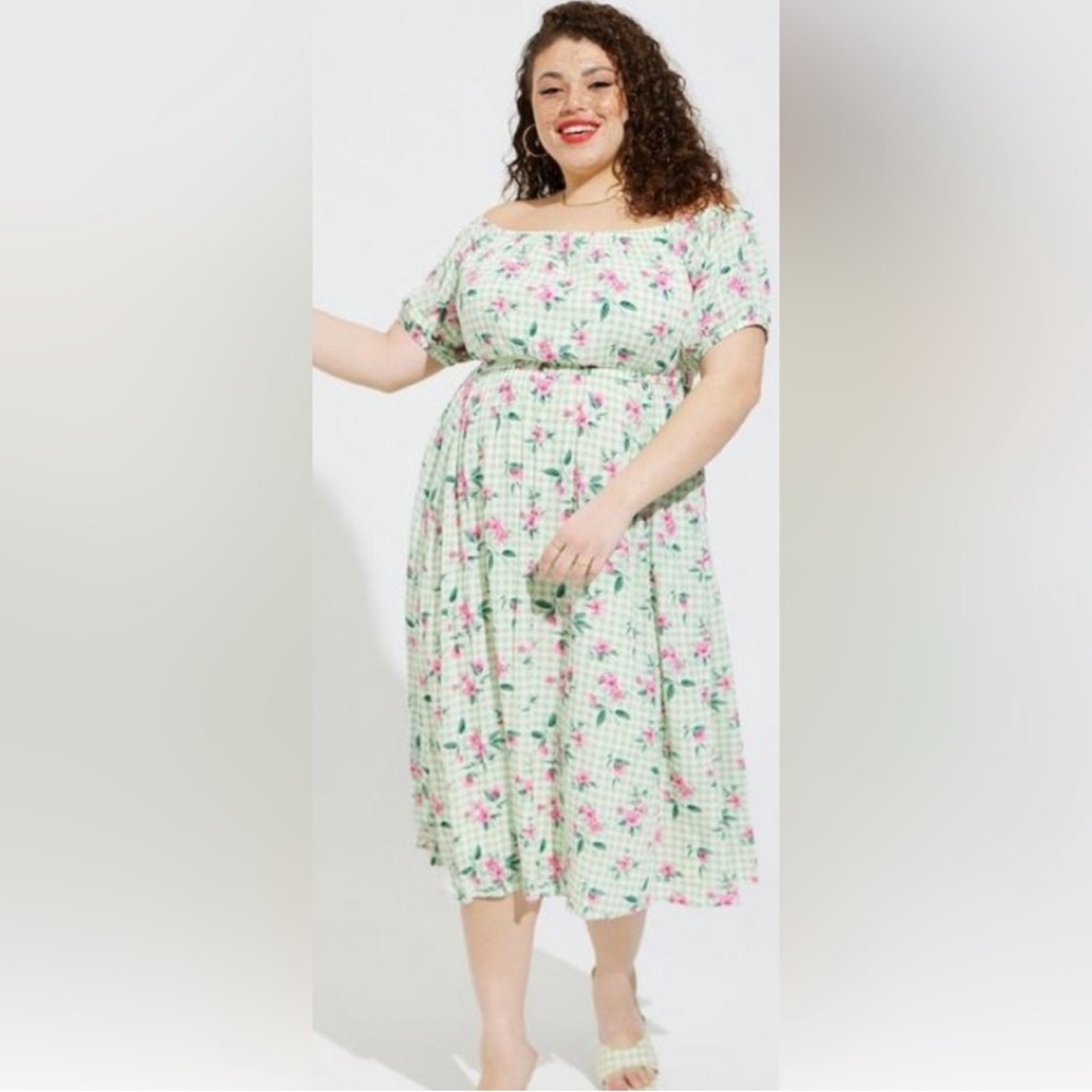 Torrid Mint Green Floral Midi Dress with Pink Accents - Picture 3 of 5